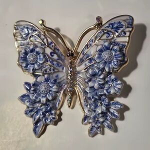 Anthropologie Blue and Gold Butterfly Brooch